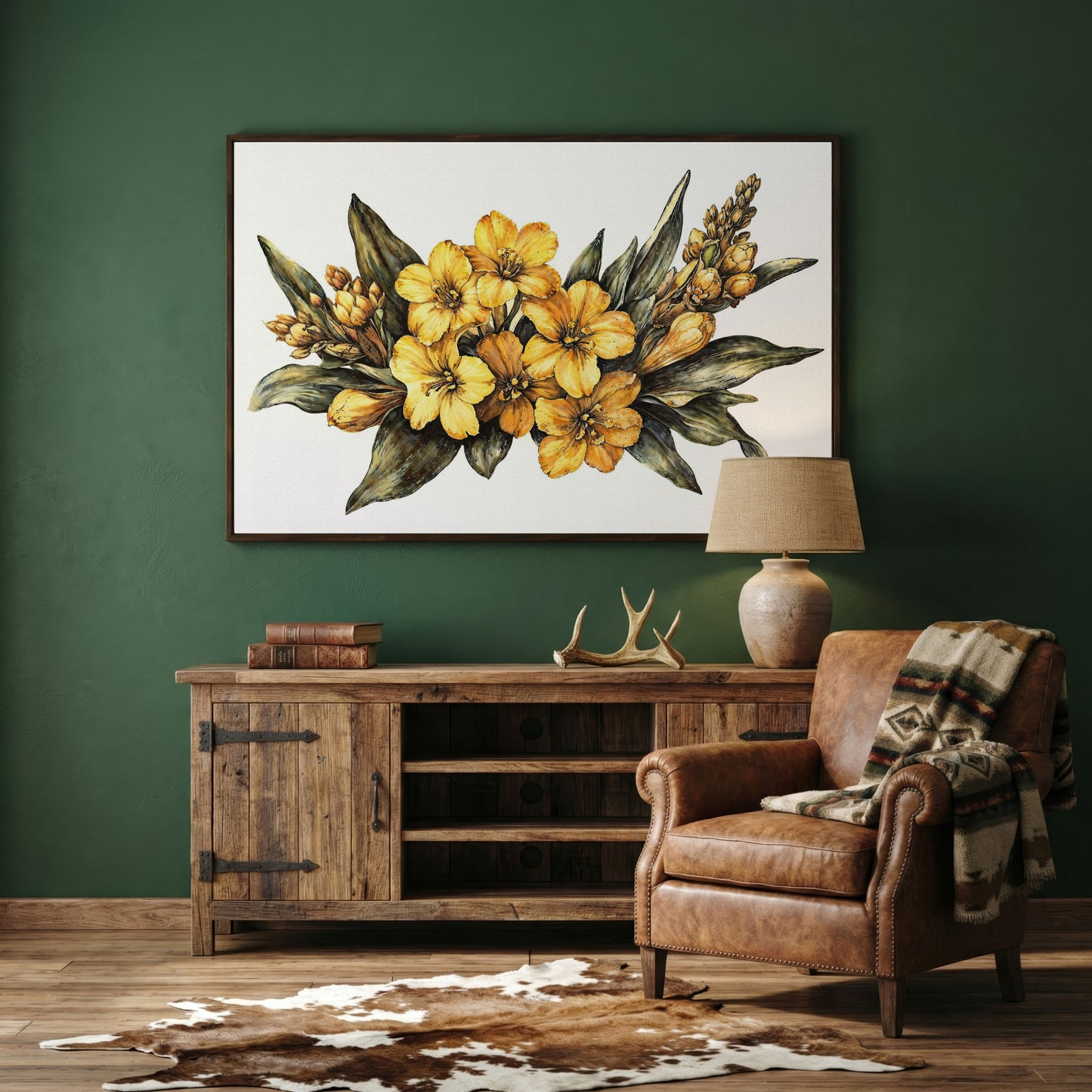 Yellow Flowers with Sage Leaves Canvas Print in dark walnut floating frame