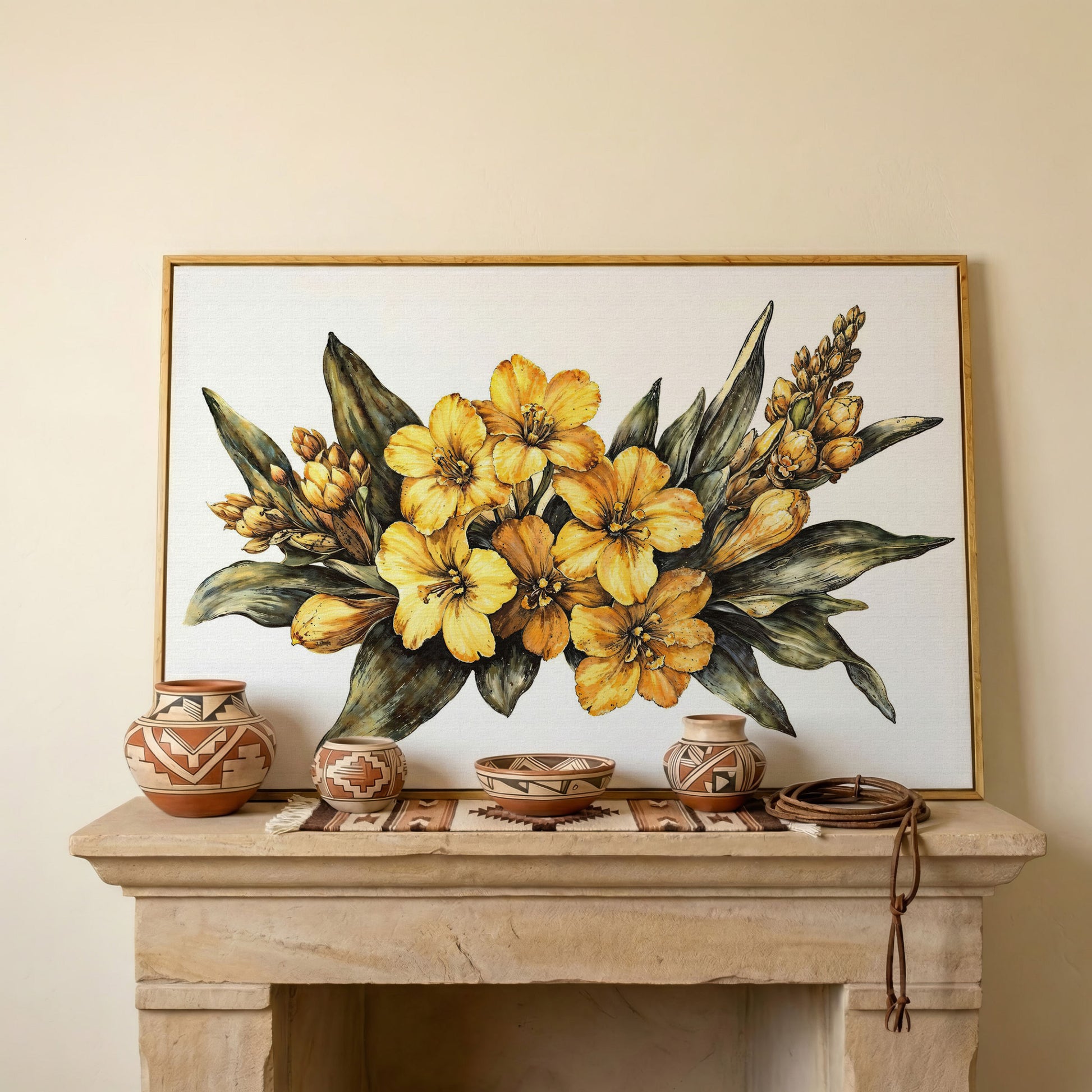 Yellow Flowers with Sage Leaves Canvas Print in white oak floating frame