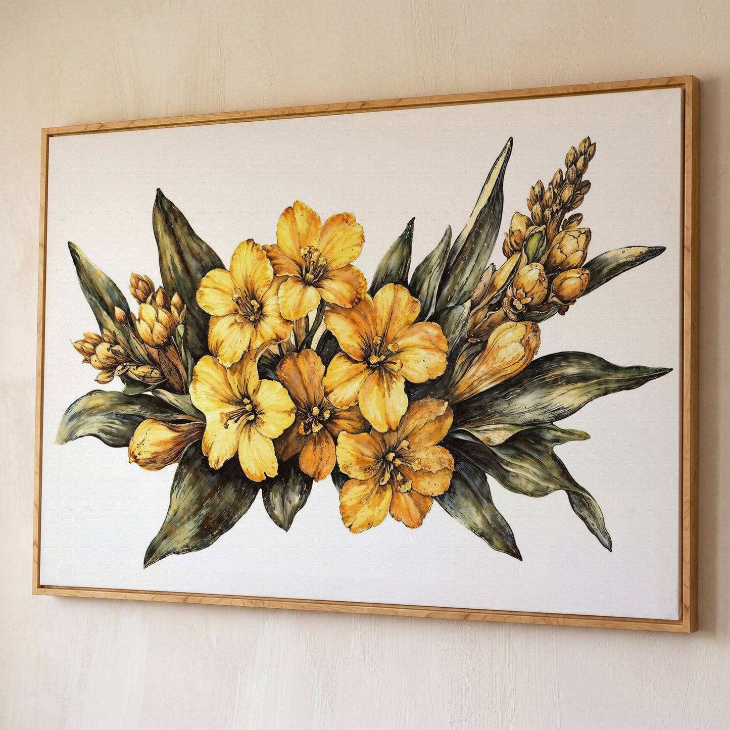 Yellow Flowers with Sage Leaves Canvas Print shown in white oak floating frame