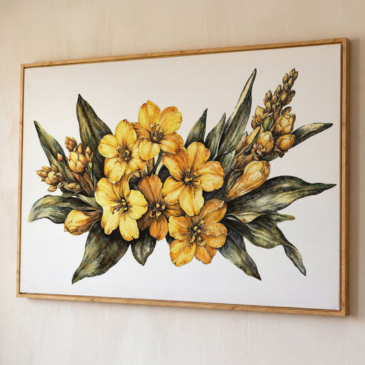 Yellow Flowers with Sage Leaves Canvas Print shown in white oak floating frame