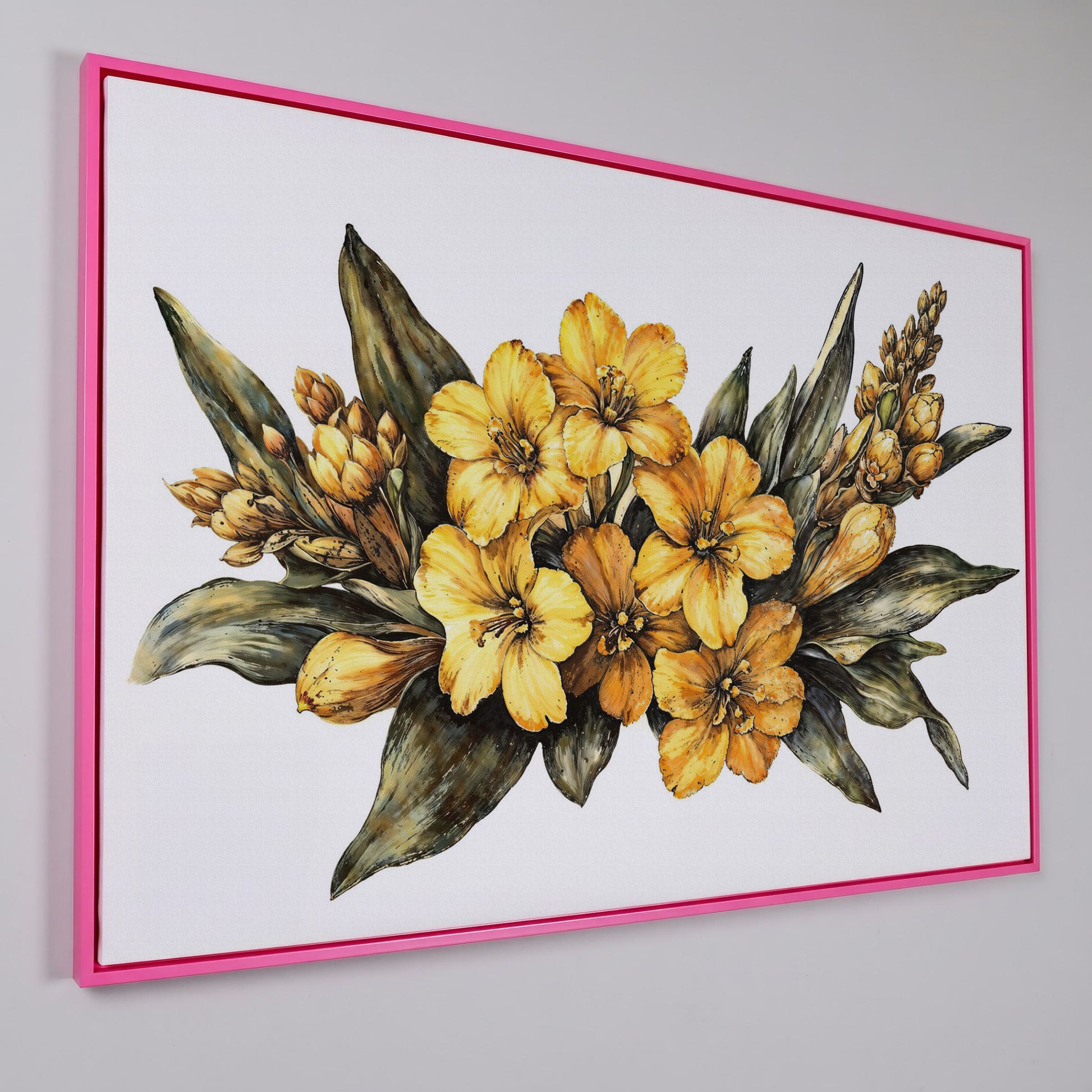 Yellow Flowers with Sage Leaves Canvas Print in pink floating frame