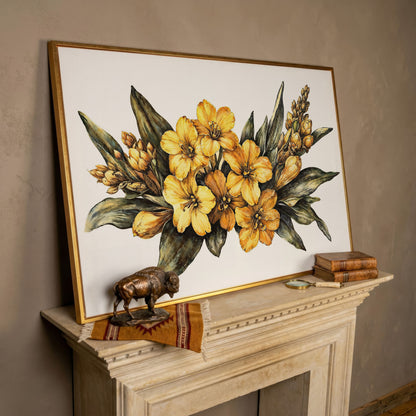 Yellow Flowers with Sage Leaves Canvas Print in rose gold floating frame