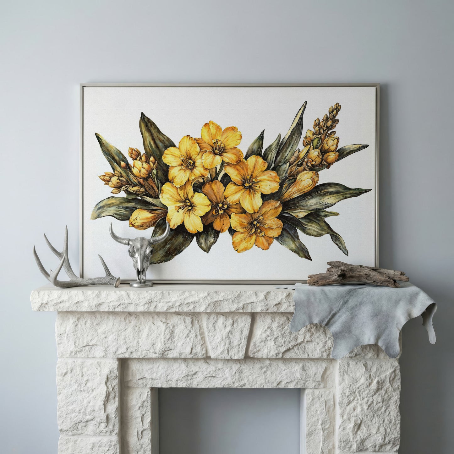 Yellow Flowers with Sage Leaves Canvas Print in silver floating frame