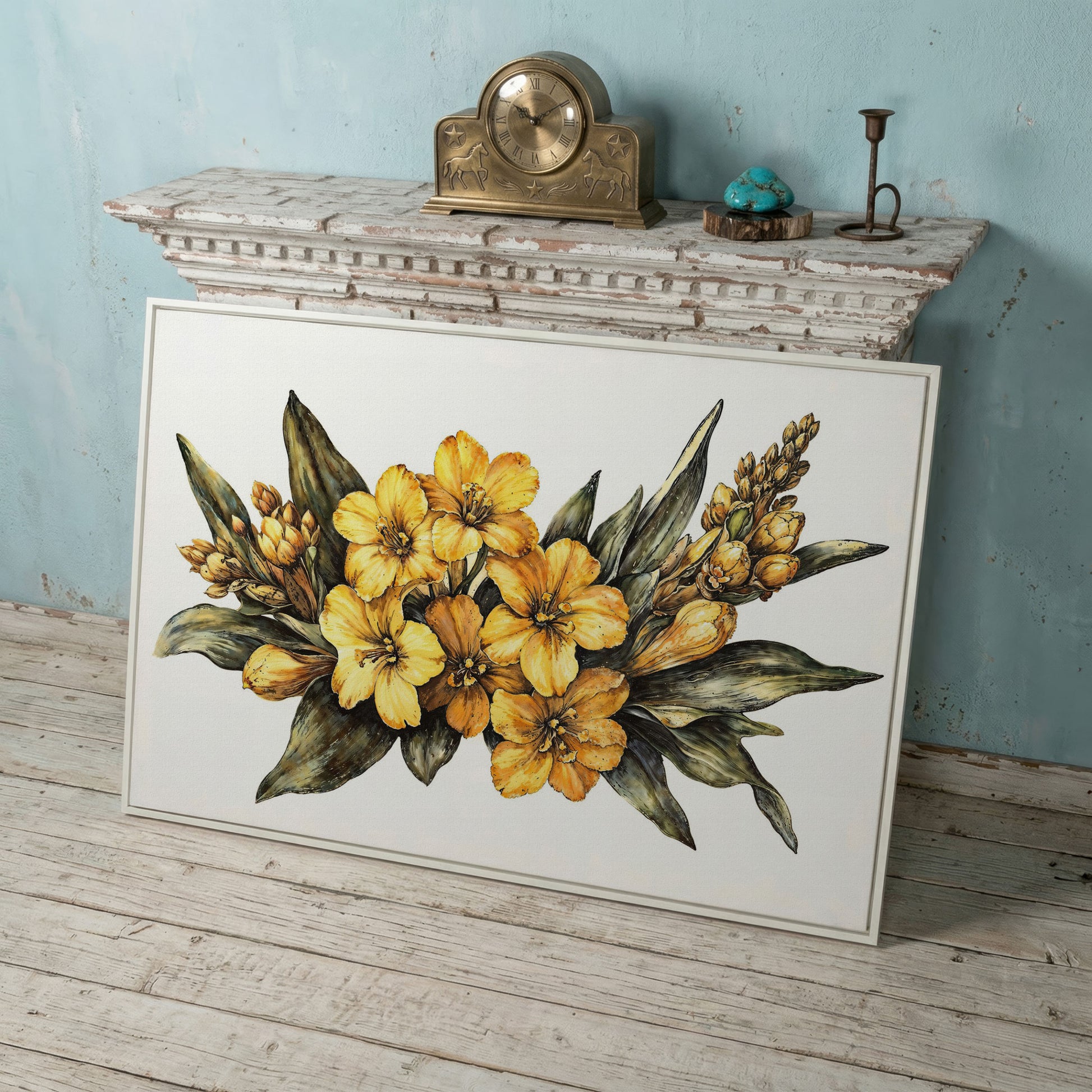 Yellow Flowers with Sage Leaves Canvas Print in white floating frame
