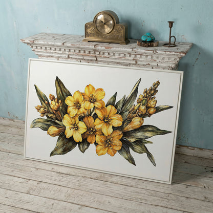 Yellow Flowers with Sage Leaves Canvas Print in white floating frame