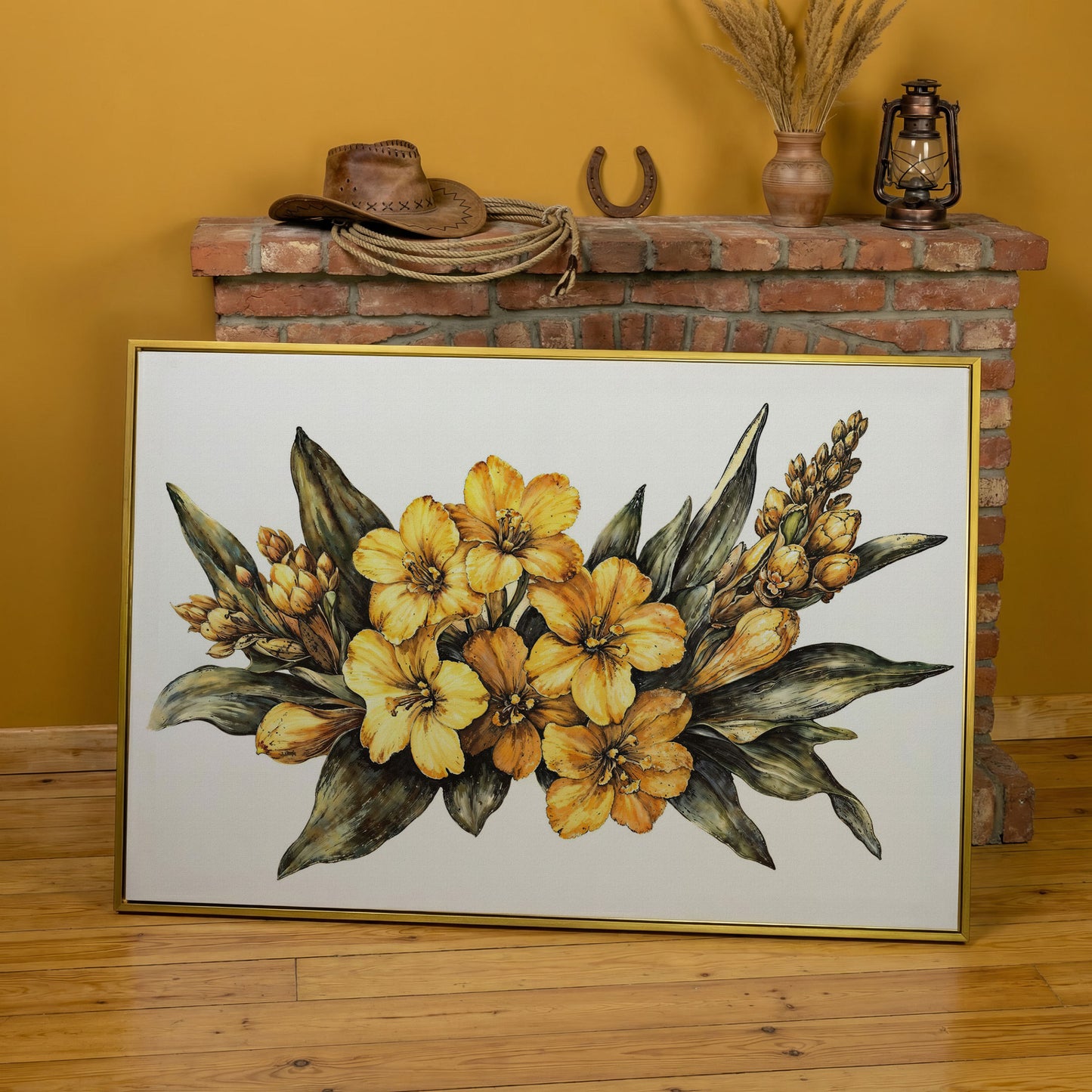 Yellow Flowers with Sage Leaves Canvas Print in yellow gold floating frame