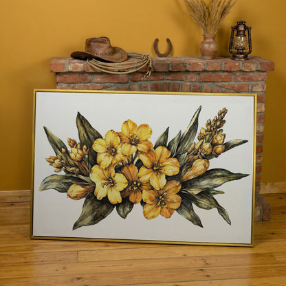 Yellow Flowers with Sage Leaves Canvas Print in yellow gold floating frame