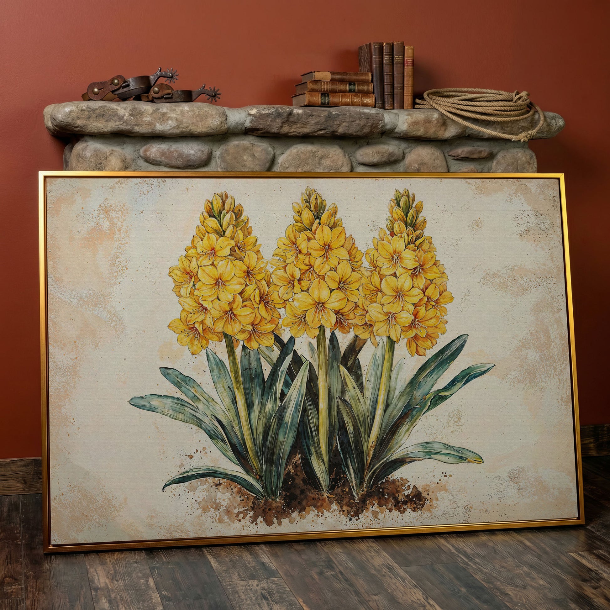 Yellow Hyacinth Botanical Canvas for Kitchen in antique gold floating frame