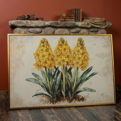 Yellow Hyacinth Botanical Canvas for Kitchen in antique gold floating frame