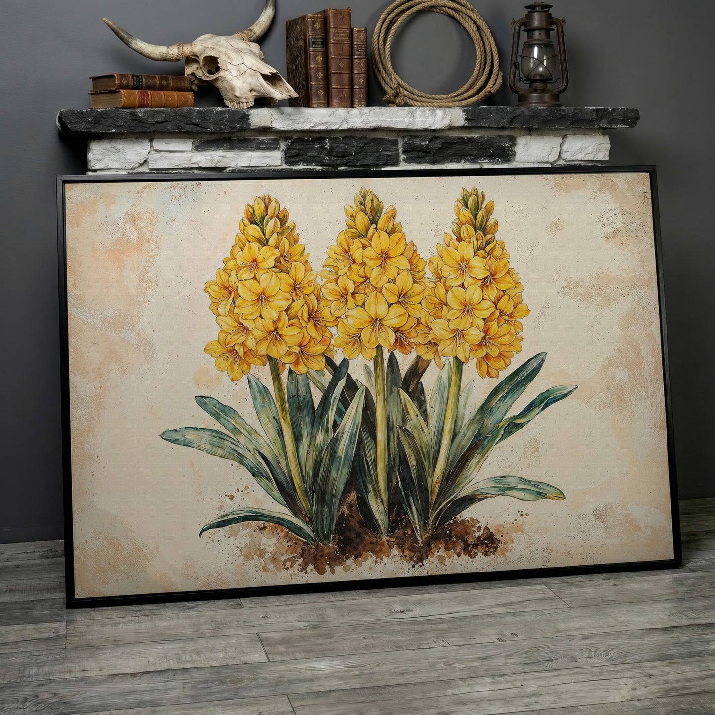 Yellow Hyacinth Botanical Canvas for Kitchen in black floating frame