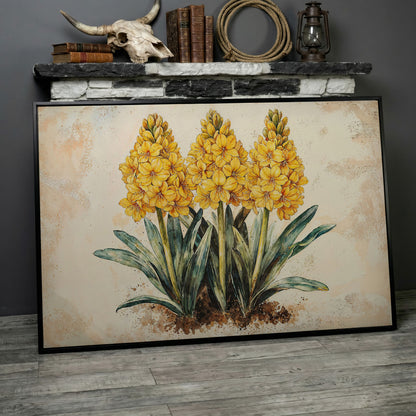 Yellow Hyacinth Botanical Canvas for Kitchen in black floating frame