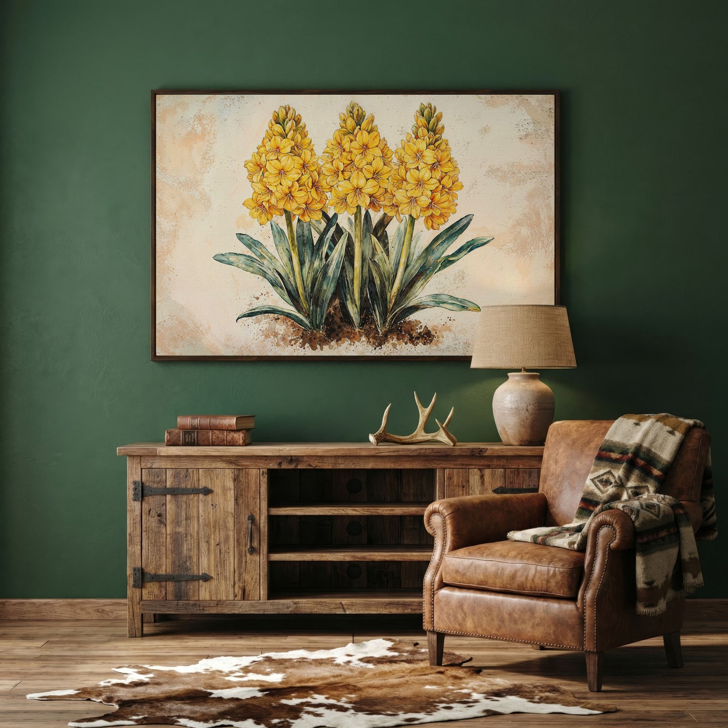 Yellow Hyacinth Botanical Canvas for Kitchen in dark walnut floating frame