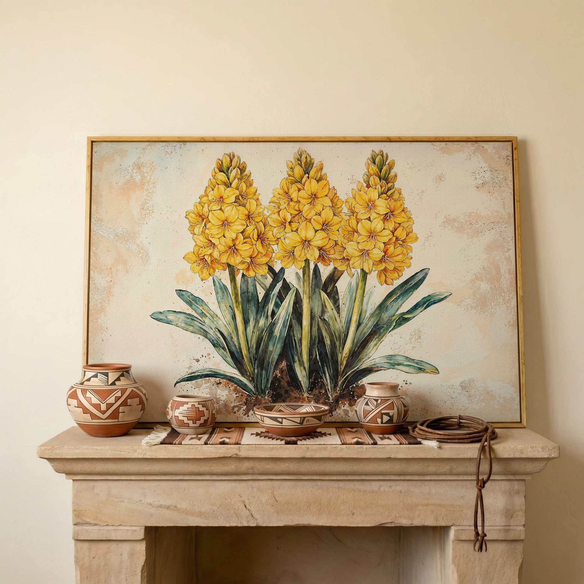 Yellow Hyacinth Botanical Canvas for Kitchen in white oak floating frame