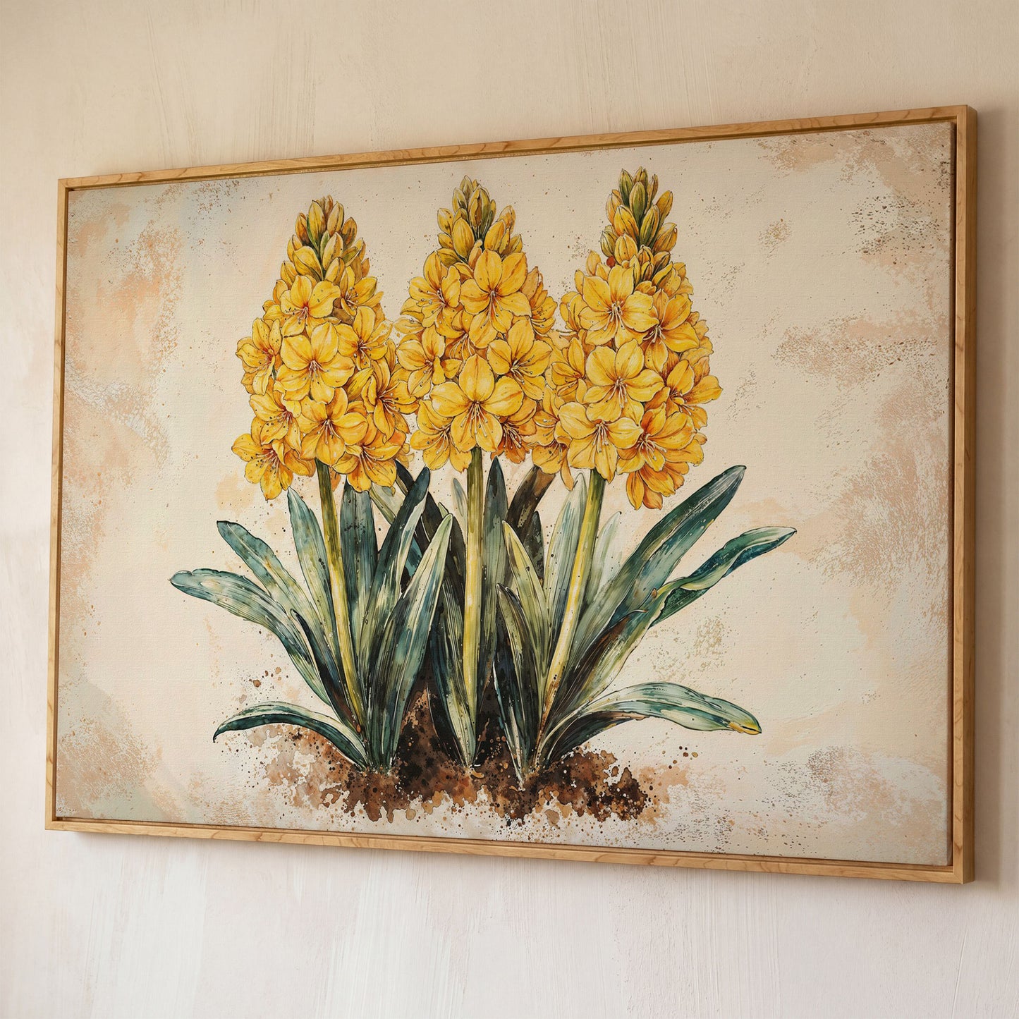 Yellow Hyacinth Botanical Canvas for Kitchen shown in white oak floating frame