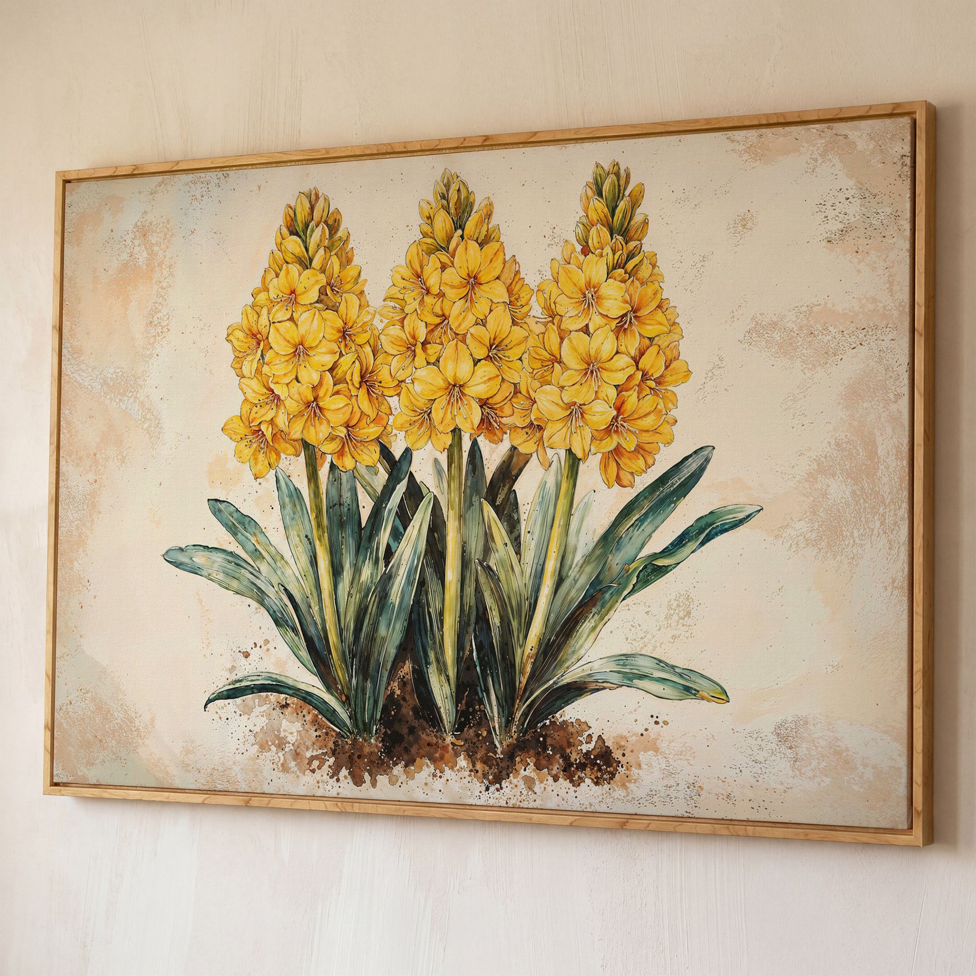 Yellow Hyacinth Botanical Canvas for Kitchen shown in white oak floating frame
