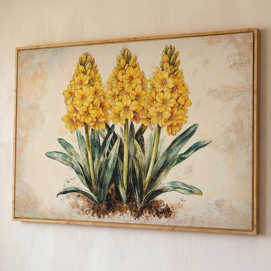Yellow Hyacinth Botanical Canvas for Kitchen shown in white oak floating frame
