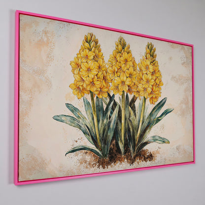 Yellow Hyacinth Botanical Canvas for Kitchen in pink floating frame