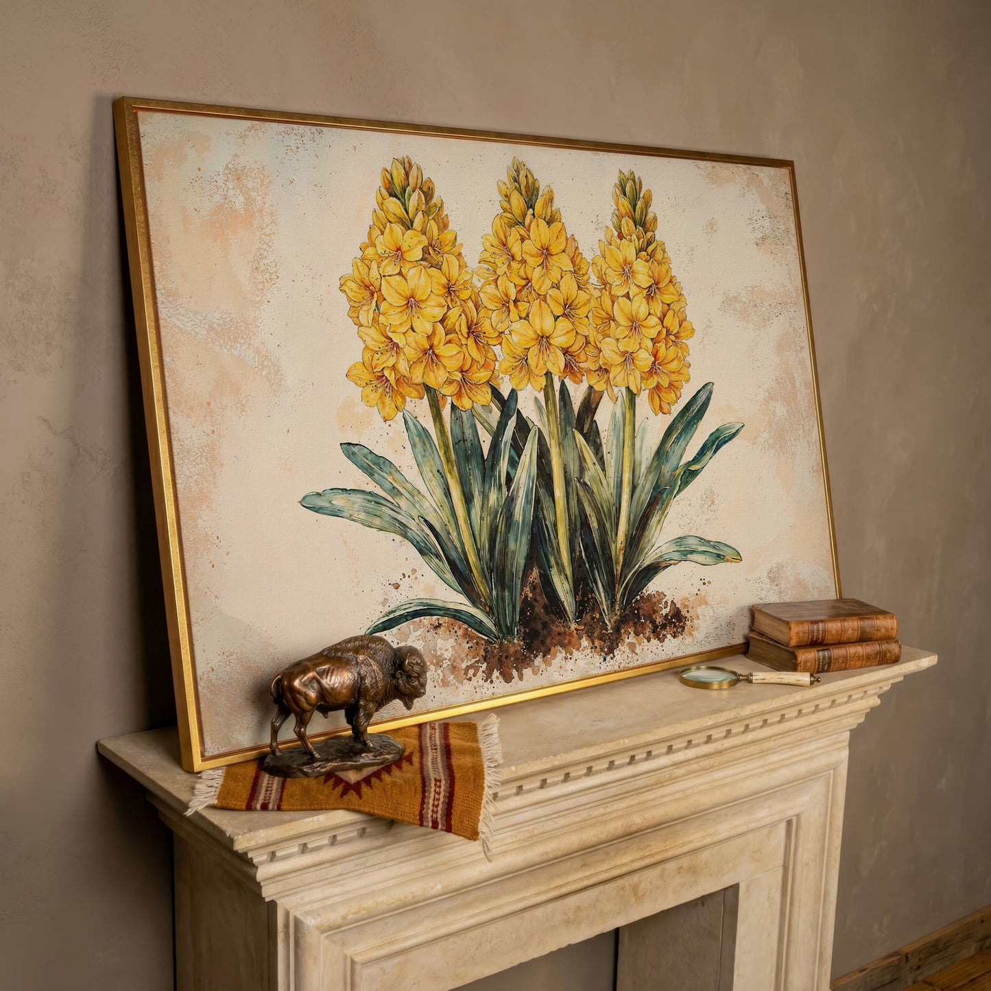 Yellow Hyacinth Botanical Canvas for Kitchen in rose gold floating frame