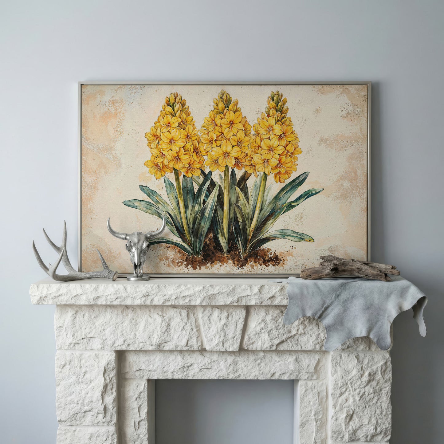 Yellow Hyacinth Botanical Canvas for Kitchen in silver floating frame