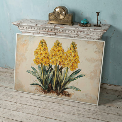 Yellow Hyacinth Botanical Canvas for Kitchen in white floating frame