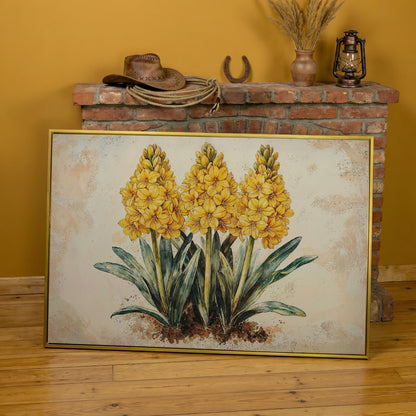 Yellow Hyacinth Botanical Canvas for Kitchen in yellow gold floating frame