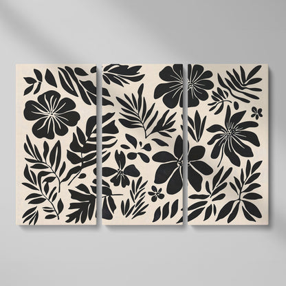 Black and White Floral Canvas Print, Boho Botanical Art as 3-panel split version