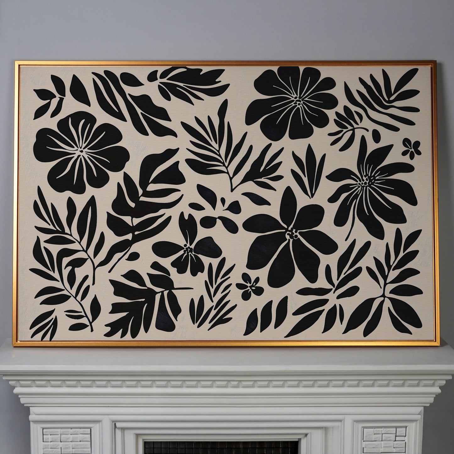 Black and White Floral Canvas Print, Boho Botanical Art in antique gold floating frame
