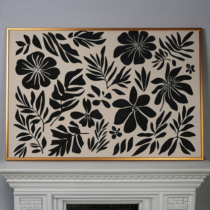 Black and White Floral Canvas Print, Boho Botanical Art in antique gold floating frame