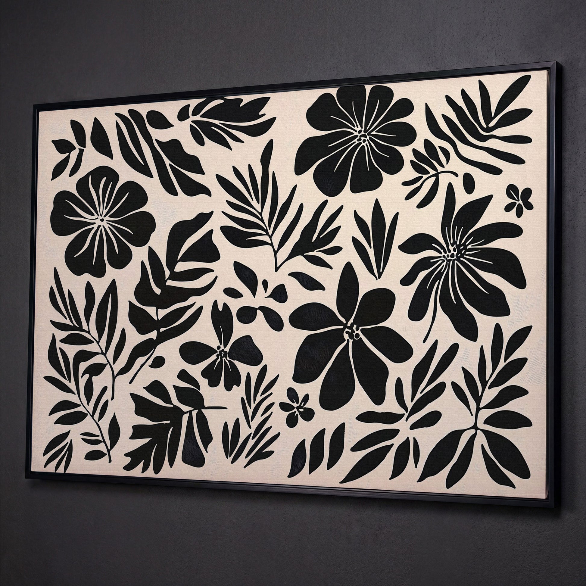 Black and White Floral Canvas Print, Boho Botanical Art shown in black floating frame