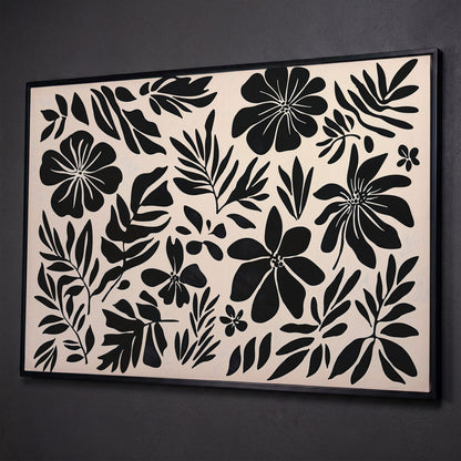 Black and White Floral Canvas Print, Boho Botanical Art shown in black floating frame