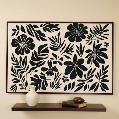 Black and White Floral Canvas Print, Boho Botanical Art in dark walnut floating frame