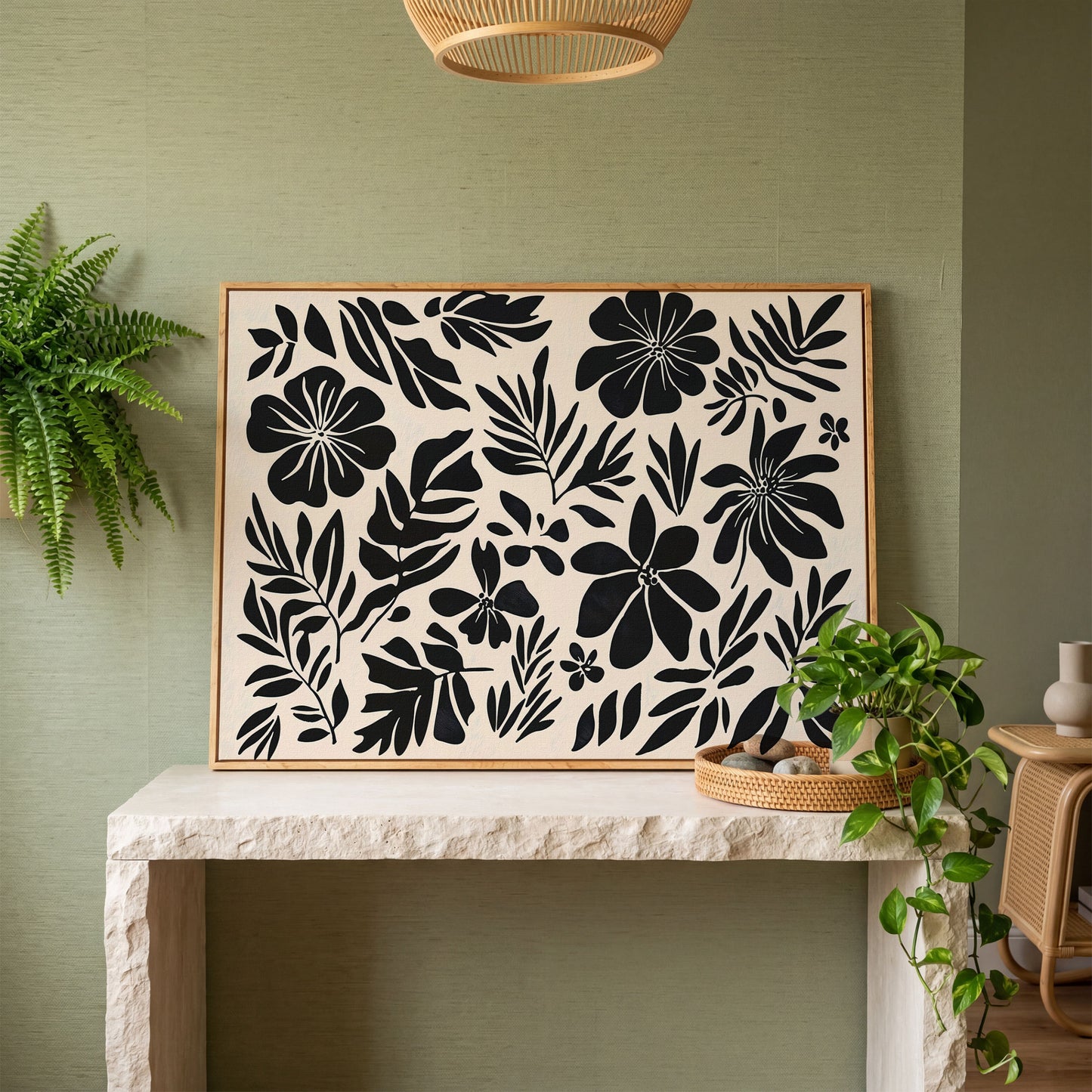 Black and White Floral Canvas Print, Boho Botanical Art in white oak floating frame