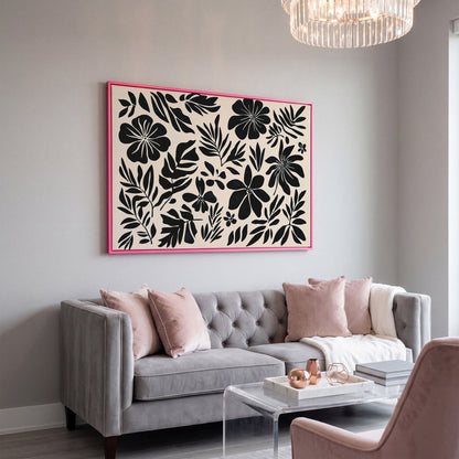 Black and White Floral Canvas Print, Boho Botanical Art in pink floating frame