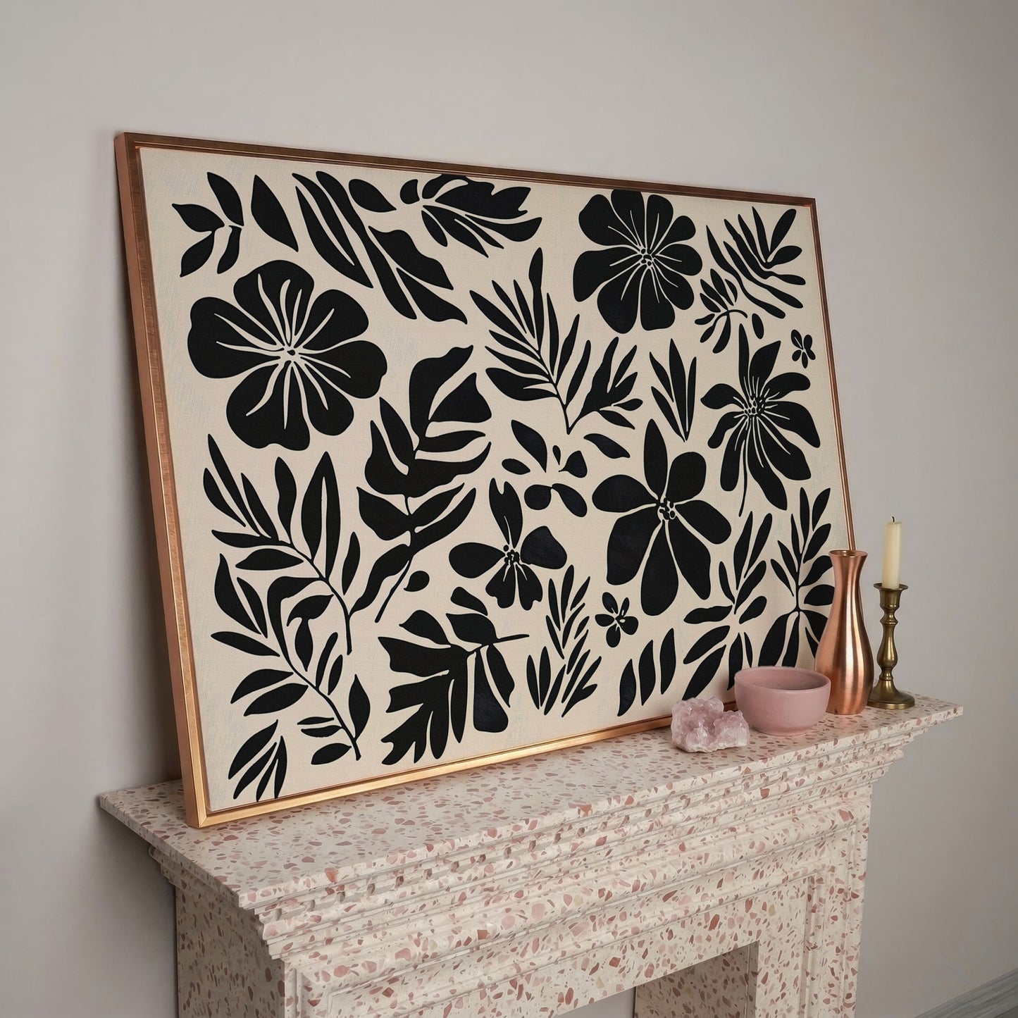 Black and White Floral Canvas Print, Boho Botanical Art in rose gold floating frame