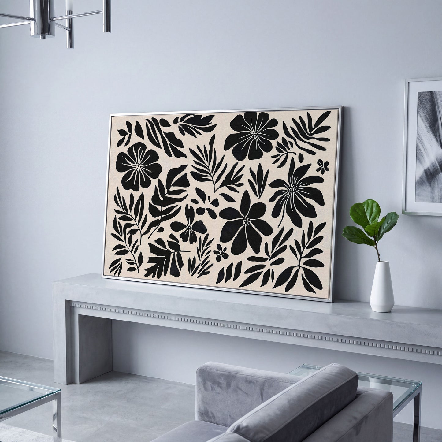Black and White Floral Canvas Print, Boho Botanical Art in silver floating frame