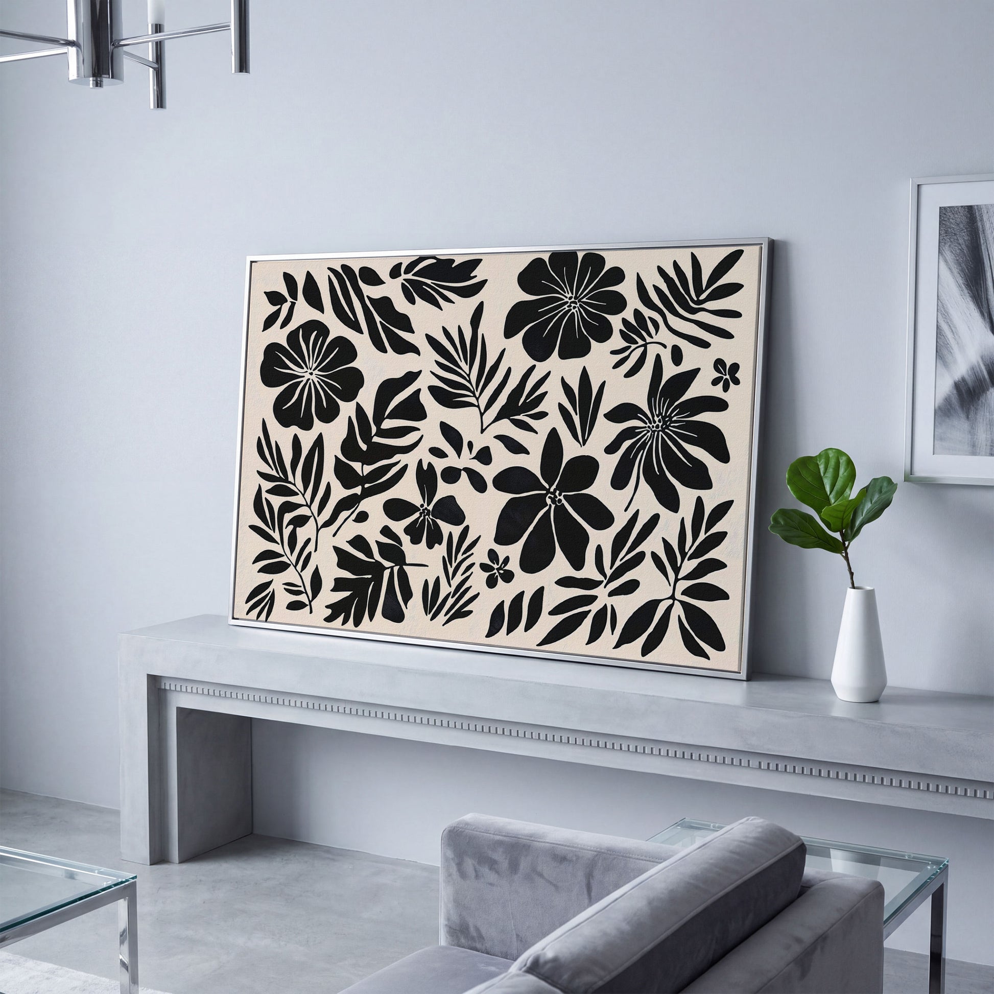Black and White Floral Canvas Print, Boho Botanical Art in silver floating frame