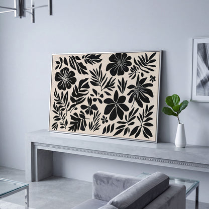Black and White Floral Canvas Print, Boho Botanical Art in silver floating frame