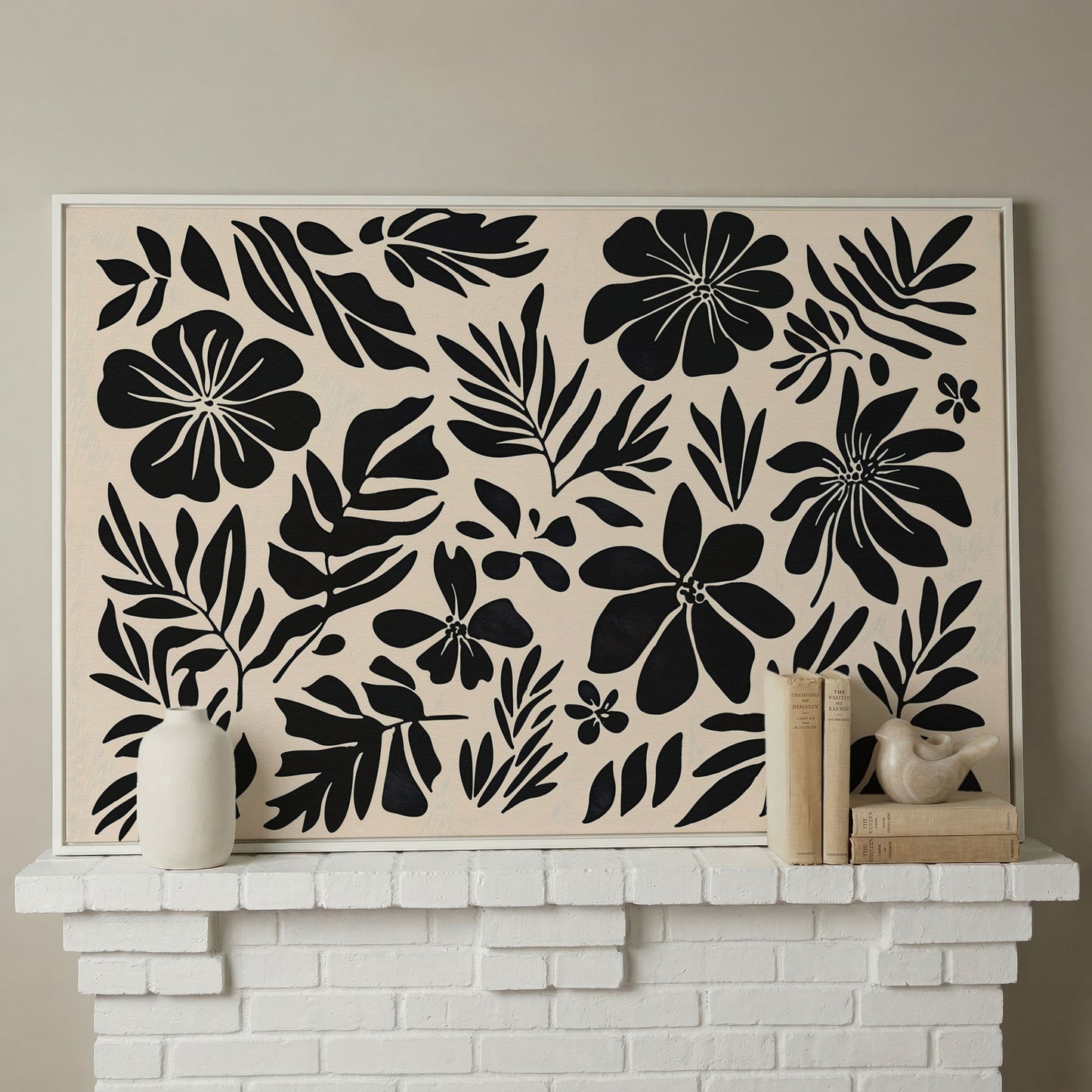 Black and White Floral Canvas Print, Boho Botanical Art in white floating frame