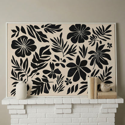 Black and White Floral Canvas Print, Boho Botanical Art in white floating frame