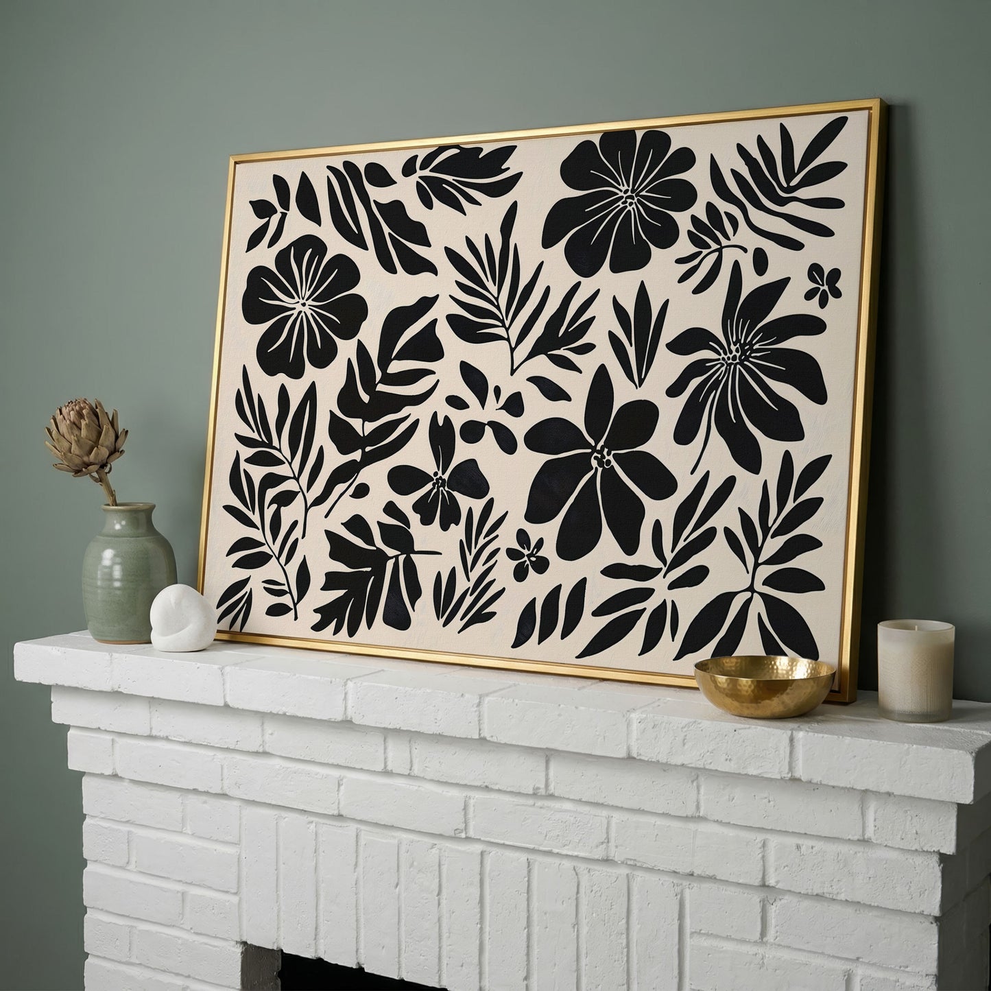 Black and White Floral Canvas Print, Boho Botanical Art in yellow gold floating frame
