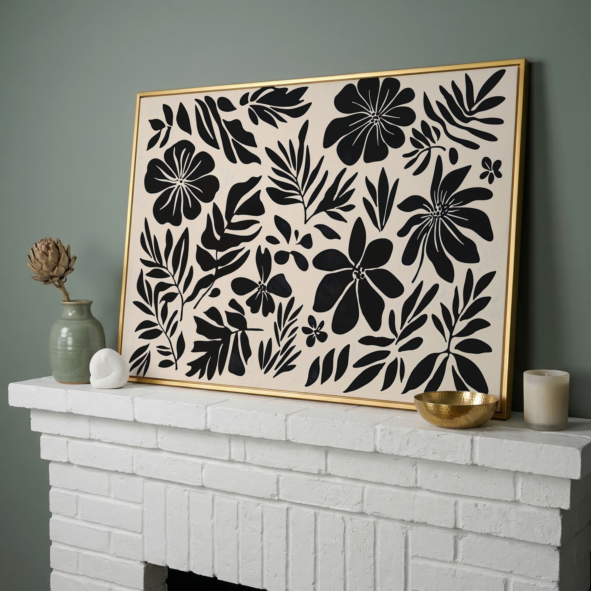 Black and White Floral Canvas Print, Boho Botanical Art in yellow gold floating frame