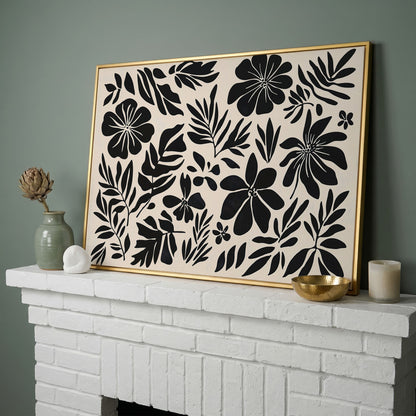 Black and White Floral Canvas Print, Boho Botanical Art in yellow gold floating frame