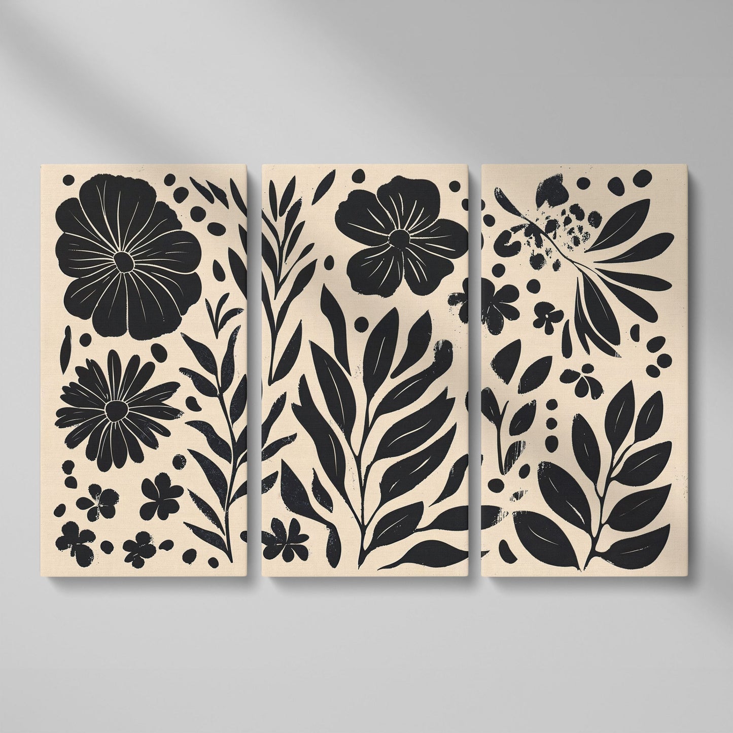Black and White Floral Canvas with Minimalist Botanical Design as 3-panel split version