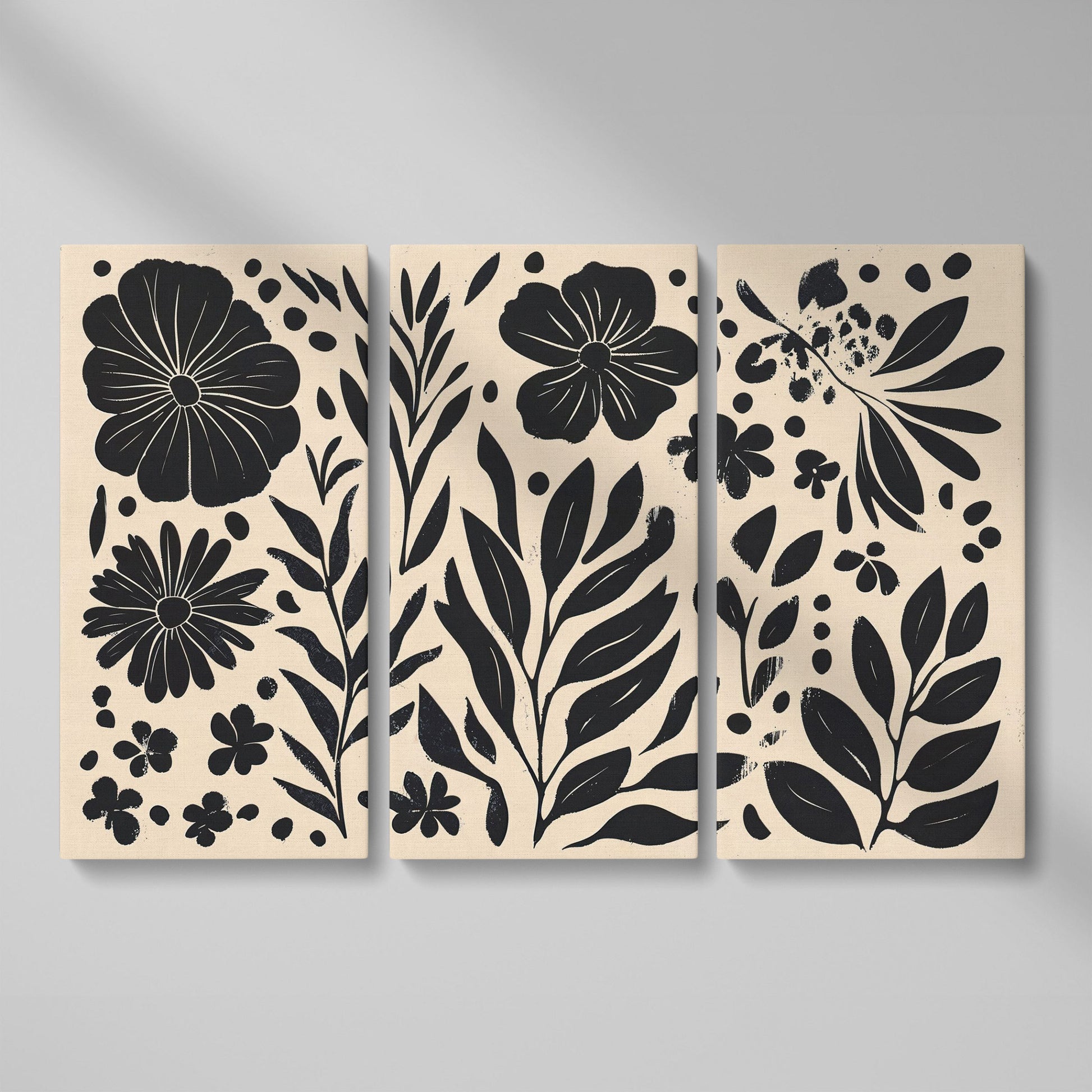 Black and White Floral Canvas with Minimalist Botanical Design as 3-panel split version