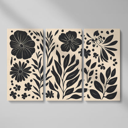 Black and White Floral Canvas with Minimalist Botanical Design as 3-panel split version