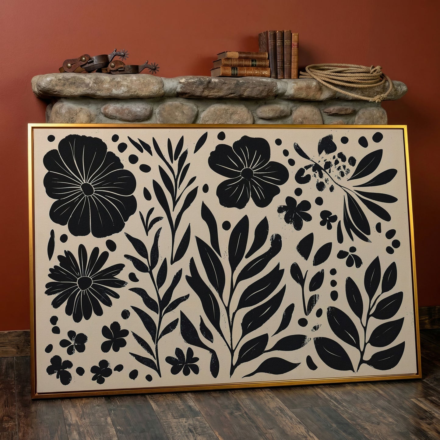 Black and White Floral Canvas with Minimalist Botanical Design in antique gold floating frame