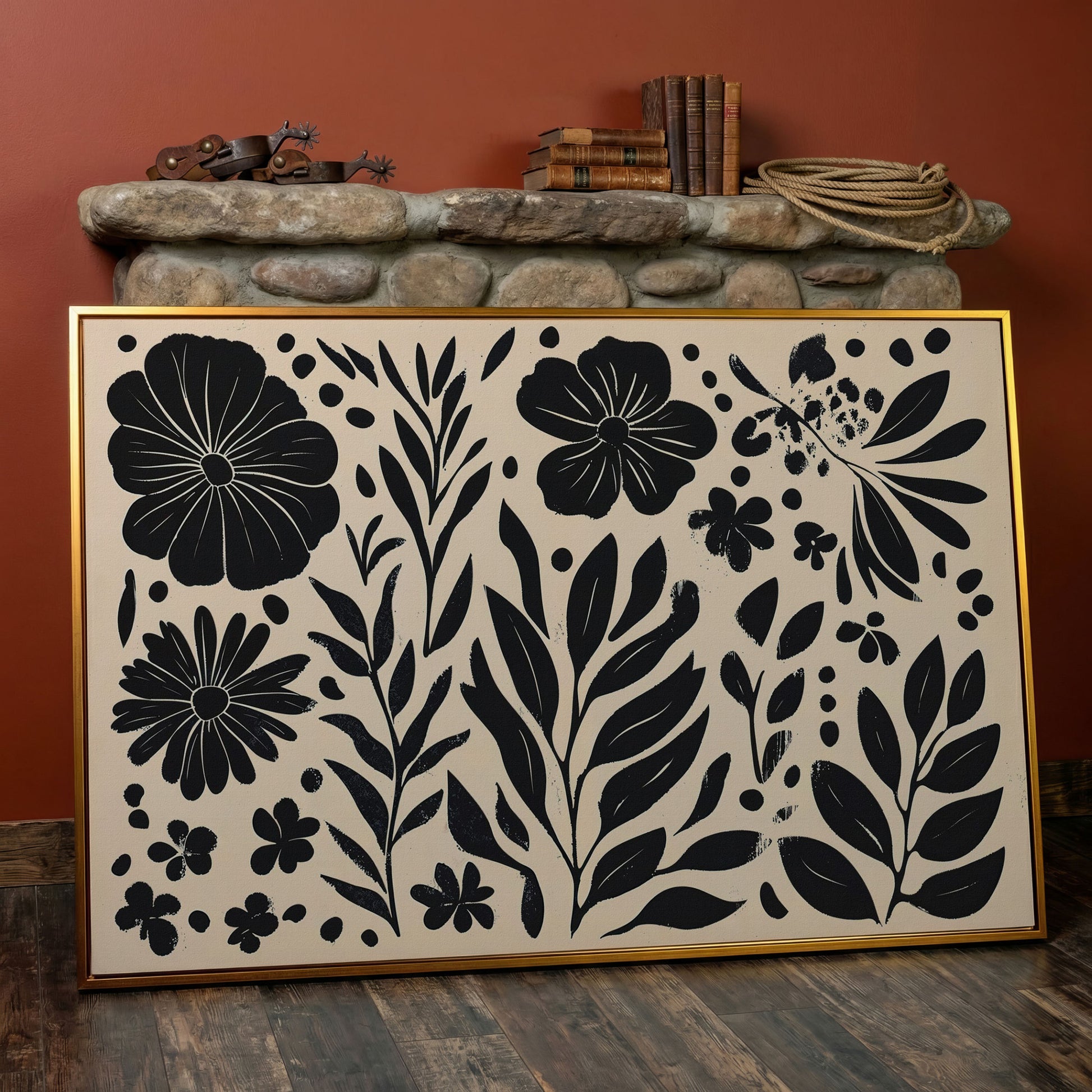 Black and White Floral Canvas with Minimalist Botanical Design in antique gold floating frame