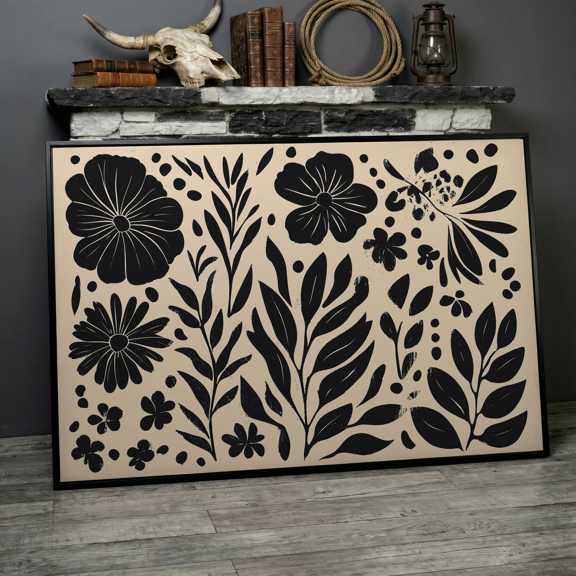 Black and White Floral Canvas with Minimalist Botanical Design in black floating frame