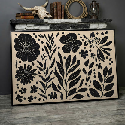 Black and White Floral Canvas with Minimalist Botanical Design in black floating frame