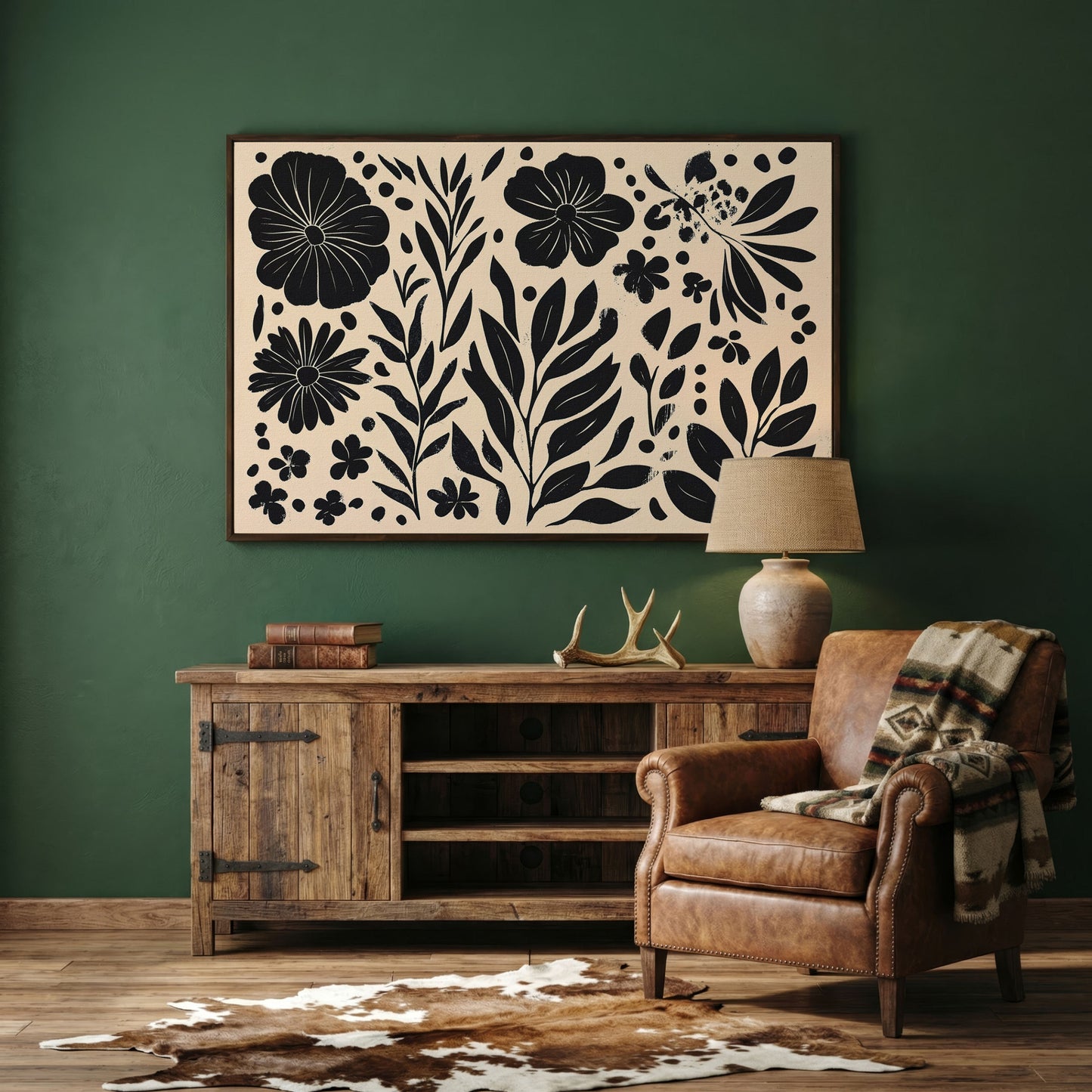 Black and White Floral Canvas with Minimalist Botanical Design in dark walnut floating frame